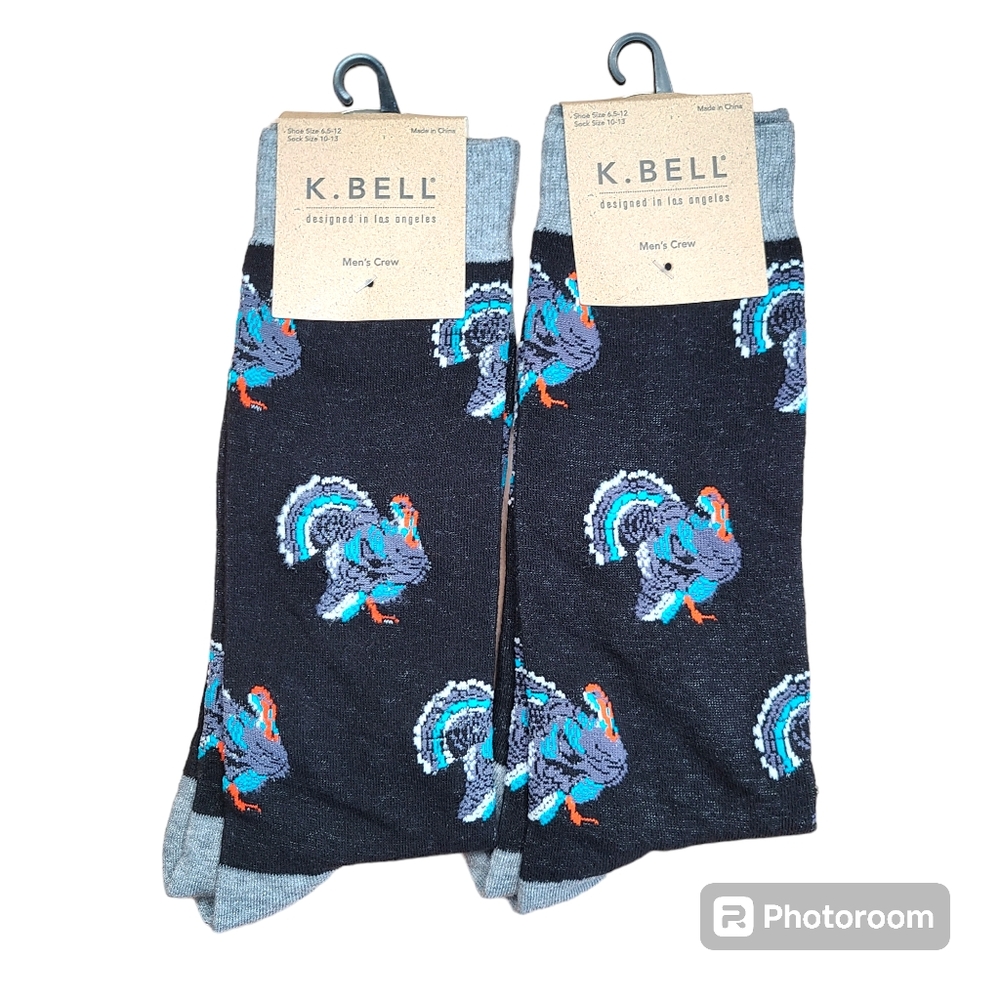 K.BELL Turkey Thanksgiving Dress Socks Men's Size 10-13 Black Colorful Gifts NWT